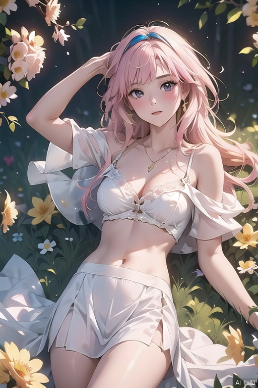  1 girl, (light yellow skirt) , multi-colored hair, pink hair, butterfly headband, white motor headset, (rape flower) , flower field, flower sea, rape flower field, yellow painting, body, lie down, navel, white transparent skin, soft light from above, masterpiece, best quality, 8k, HDR, Light master