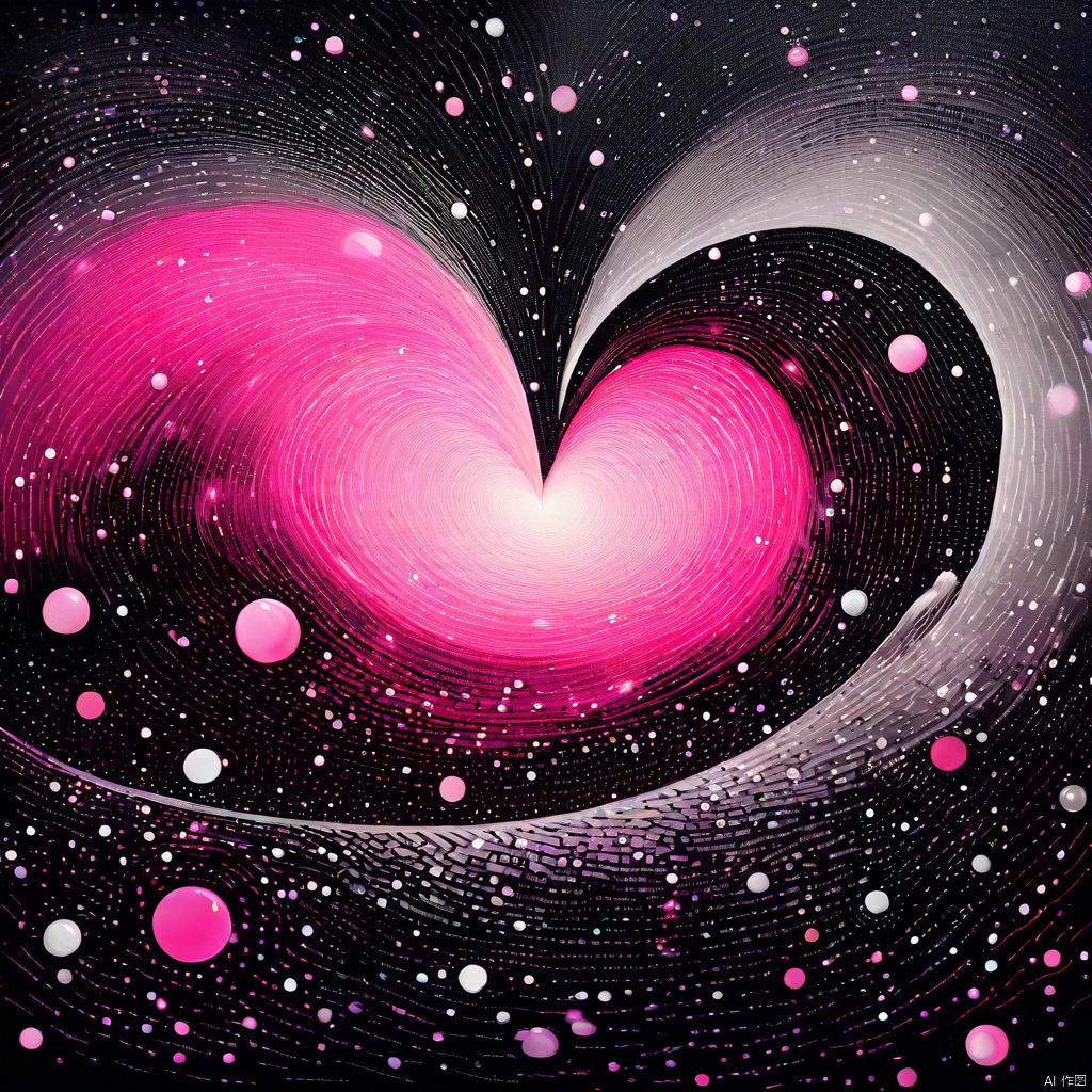 In 'Masterpiece' artwork, a swirling vortex of black, gray, and pink hues surrounds a vibrant heart-shaped focal point, pulsing with energy. Delicate spirals and curves dance across the composition, as tiny dots scattered throughout add texture to the abstract landscape. A gradient transition from dark to light creates a striking contrast, drawing attention to the dynamic heart at its center. The artwork's intricate details and high dynamic range evoke a sense of passion and intensity, inviting the viewer into its mesmerizing world.