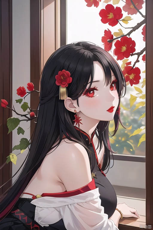 A young woman with long, black hair adorned with a hair ornament and jewelry poses solo in front of a bold red background. Her upper body is the focal point, featuring a stunning Chinese dress with intricate details. A red flower blooms above her, its stem supported by a delicate tassel. The subject's face is framed in profile, showcasing her eyelashes and subtle makeup. Her closed mouth and bright red lips create an air of mystery. In the background, a branch with more red flowers adds depth to the composition, while her earrings - matching her hair ornament - catch the light.