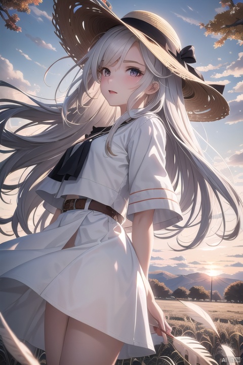 1girl,white_hair,long_hair,white_shirt,brown coat,brown_straw_hat,sunset,field,in_autumn,fallen leaves,feathers,Altocumulus,landscape,from_side,looking_up,(hair in takes:1.1), Anime
