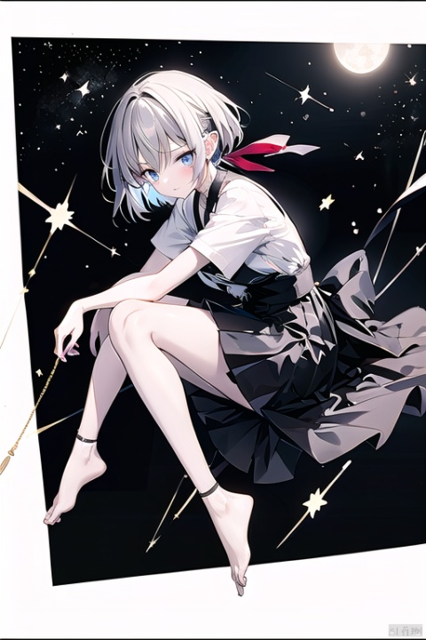 1 girl, knight, (HDR: 1.4), high contrast, low saturation, white short-sleeved shirt, black mini skirt, short hair, single ponytail, hair tied with a red ribbon, color block background, whole body, soft clothing texture, eyes looking at viewer, horizontal, lake, moonlight, bare feet, elegance, shooting star, starlight, red ribbon fluttering in the wind, sword, foreground
