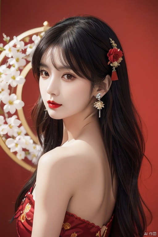 1girl, solo, long hair, black hair, hair accessories, jewelry, closed mouth, upper body, flowers, earrings, blur, side, eyelashes, side, makeup, red background, Chinese costume, red flowers, fringe, branch, red lips, fringe earrings, fruit grain, no hand, very beautiful, masterpiece, best quality, super detail, animation style, key vision, 1 girl
,depth of field