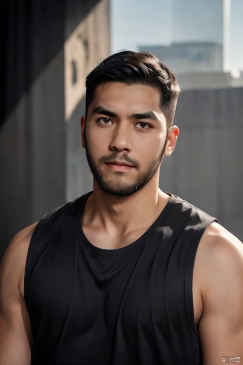 1man, a man with short black hair and a beard, wearing a blue tank top, the background is a muted gray, and the lighting casts a dramatic shadow on his face, emphasizing the contours of his features