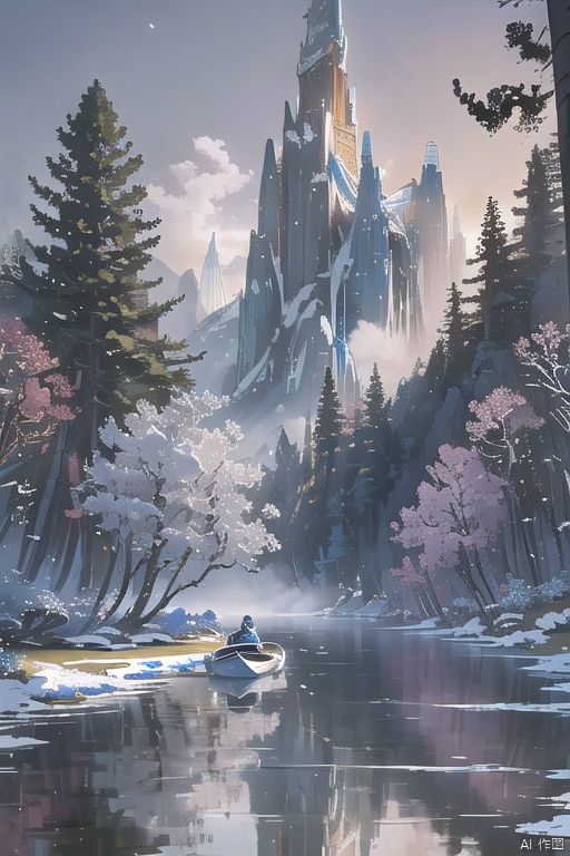 A serene blue and white porcelain-style landscape of a misty moonlit temple, shrouded in frost, surrounded by towering mountains and lush trees with delicate flowers. In the foreground, a small boat (1.5 times life-size) glides across the tranquil river, reflecting the soft hues of the evening sky. Water lilies float gently on the water's surface, adding to the peaceful ambiance.,Ancient costume