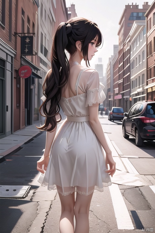 masterpiece,best quality,absurdres,outdoors,1girl,cityscape,street,long-hair,black_hair,twintails,sunlight,walking,from behind,