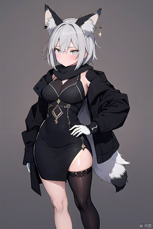 A stunning young girl with short grey hair and piercing grey eyes looks directly at the viewer, her cheeks flushing with a gentle blush. She wears a sleek jacket, matching black gloves, and a flowing scarf that adds a touch of elegance to her overall look. Her gaze is captivating as she stands confidently on white footwear, her animal ears - fox-like in shape and design - adding a whimsical touch to the scene. A sparkly fox tail flows down her back, drawing attention to her striking features. The simple background allows her unique style to take center stage, with the overall effect being both modern and mystical.