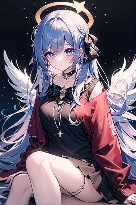 1girl, dance, Fairy, crystal, jewels,black, wings,Holy Light,As white as rosy clouds, 1girl, solo, long hair, looking at viewer, blush, bangs, blue eyes, hair ornament, long sleeves, hair between eyes, jewelry, sitting, very long hair, closed mouth, blue hair, earrings, wings, choker, virtual youtuber, necklace, star \(symbol\), sweater, sleeves past wrists, black choker, halo, cross, feathered wings, puffy long sleeves, angel wings, star hair ornament, white wings, angel, star earrings, cross necklace, latin cross, star necklace,pink hair,pleated skirt,bow, ribbon,
