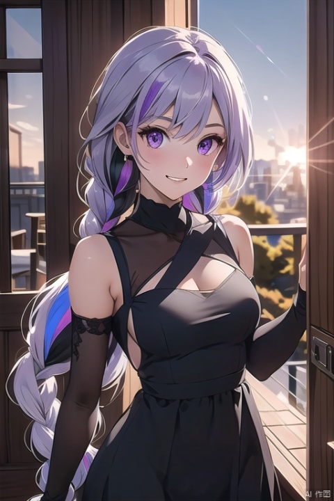 1girl, solo, dutch angle, falling, building, broken glass, lens flare, sunset, purple eyes, ground vehicle, purple hair, white hair, very long hair, multicolored hair, hair between eyes, looking at viewer, evil grin, black dress, bare shoulders, detached sleeves, twin braids, film grain, light and shadow, detailed lighting, aesthetic, amazing quality,
