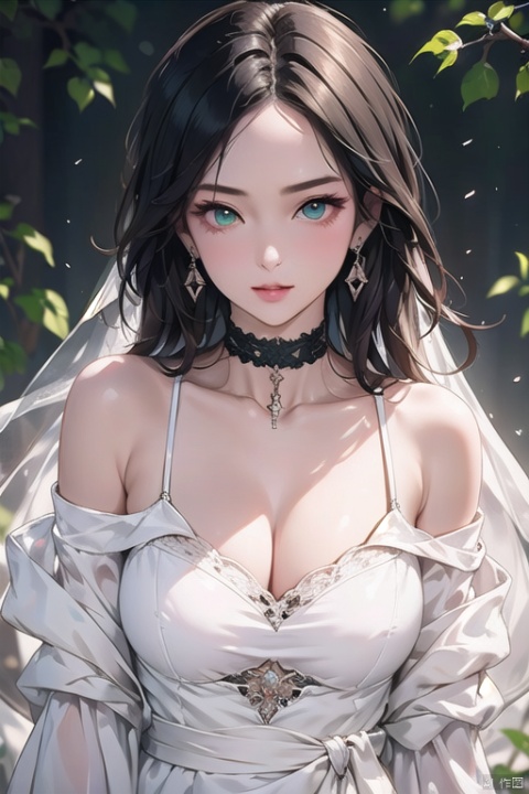  masterpiece, best quality, ice, 1girl, silk, cocoon, spider web, Solo, Complex Details, Color Differences, Realistic, (Moderate Breath), Green Eyes, Earrings, Sharp Eyes, Perfect Fit, Choker, Dim Lights, cocoon, transparent, jiBeauty, Ink scattering_Chinese style