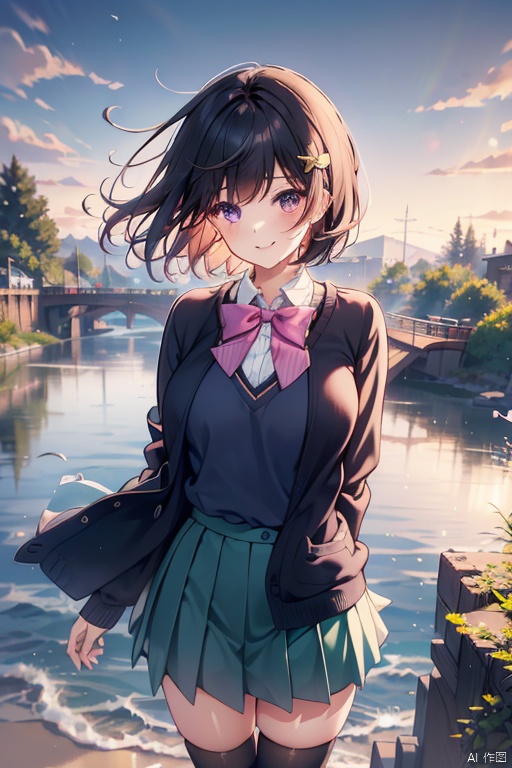 1girl,looking at viewer,solo,pink hair,bangs,short hair,butterfly hair ornament,black ribbon,purple eyes,school uniform,cardigan,black cardigan,shirt,green skirt,thighhighs,zettai ryouiki,,Nino_CYQL,(evil smile,lying,portrait,from_above:1.1),beautiful face,beautiful eyes,glossy skin,shiny skin,Cliffs,Waves,Coastline,Rocks,Sea spray,Seagulls,Dramatic,Power,Water lilies,Japanese bridge,Weeping willows,Lily pond,Impressionist painting,Reflections,beautiful detailed sky,beautiful detailed glow,masterpiece,best quality,beautiful and aesthetic,contrapposto,female focus,fine fabricemphasis,wallpaper,fashion,,
, MATURE FEMALE