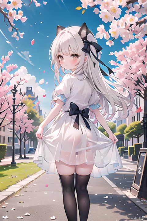masterpiece,best quality,high quality,loli,1girl, solo, long hair, looking at viewer, blush, bangs, thighhighs, dress, ribbon, brown eyes, very long hair, closed mouth, standing, full body, yellow eyes, white hair, short sleeves, outdoors, sky,no shoes, day, puffy sleeves, looking back, cloud, from behind, white dress, white thighhighs, red ribbon, tree, blue sky, puffy short sleeves, petals, cherry blossoms, skirt hold,
