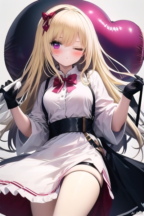 1girl, artist_name, balloon, bangs, blonde_hair, blush, bow, closed_mouth, dress, eyebrows_visible_through_hair, frills, gloves, heart, heart_balloon, heart_pillow, holding, long_hair, looking_at_viewer, one_eye_closed, pink_bow, simple_background, smile, solo, very_long_hair, 