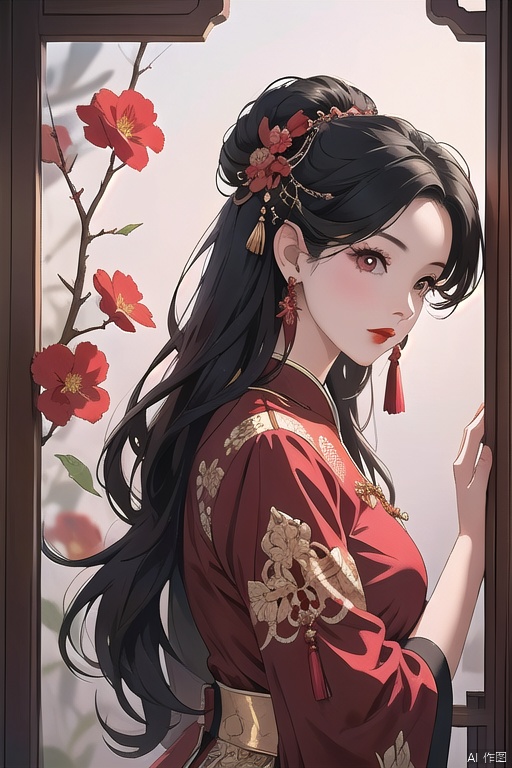 A young woman with long, black hair adorned with a hair ornament and jewelry poses solo in front of a bold red background. Her upper body is the focal point, featuring a stunning Chinese dress with intricate details. A red flower blooms above her, its stem supported by a delicate tassel. The subject's face is framed in profile, showcasing her eyelashes and subtle makeup. Her closed mouth and bright red lips create an air of mystery. In the background, a branch with more red flowers adds depth to the composition, while her earrings - matching her hair ornament - catch the light.