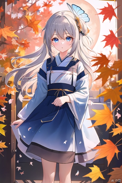 (masterpiece), (best quality), illustration, ultra detailed, hdr, Depth of field, (colorful),loli,full body, focus, masterpiece, solo, gradient_background, autumn, best quality, lantern, Through the mottled light and shadow of leaves, late at night, wind, flying butterfly, flying petal, maple, Falling Maple Leaves, Orange Moon, 1 girl, Beautiful and meticulous eyes, small breast, beautiful detailed, hanfu-anime-style, Grey gradient hair Blue highlights, hairpin, hime_cut, sleeves past wrists, sleeves past fingers, sigh, strong rim light, anime screenshot, Bust, solo focus, extremely detailed wallpaper, Personage as the main perspective, intense shadows, cinematic lighting, depth of field, painting

