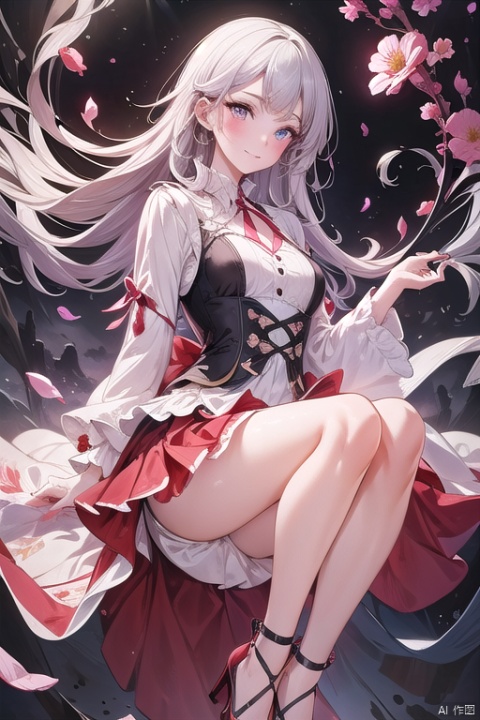  high heels, full body, masterpiece, best quality, 1girl, (colorful),(delicate eyes and face), volumatic light, ray tracing, bust shot ,extremely detailed CG unity 8k wallpaper,solo,smile,intricate skirt,((flying petal)),(Flowery meadow) sky, cloudy_sky, moonlight, moon, night, (dark theme:1.3), light, fantasy, windy, magic sparks, dark castle,white hair,masterpiece,鏃�