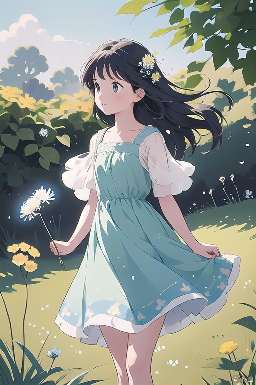green theme,1girl holding a dandelion flower, wearing a blue dress with white dots and yellow flowers on it, blowing away small petals in the style of light skyblue and pale aquamarine illustrations, a simple line drawing reminiscent of children's book illustrations and storybook art, with colorful cartooning and playful character design
