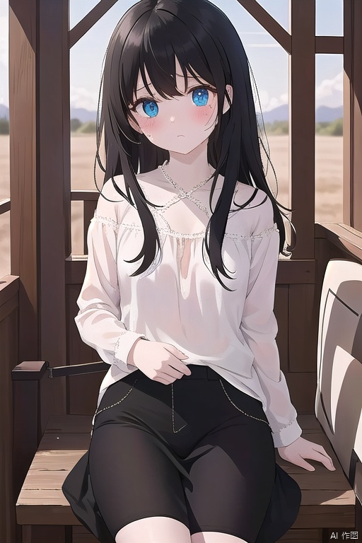 A distraught young girl with pale skin and slender features sits alone on a dusty, sun-baked plain in a cowboy-shot composition. Her messy black hair frames her tear-streaked face, showcasing heterochromia in her eyes that remain open as she cries. A small nose and delicate features are accentuated by anime-style blush. Dirty clothes and a bandaid on her knee add to the scene's realism. The focus is tight, with the girl's petite form occupying most of the frame, as if seen through a telescope. The artbook quality image boasts an impressive filesize, making it a stunning addition to any collection.