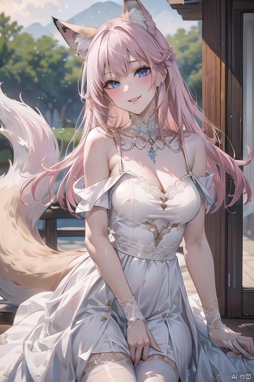 1girl, blue eyes,long hair, lips ,light pink hair, ,solo ,fox ear,sky,nappls,fox tail,fox tail,fox,rainbow,Purity Portait,smile,looking at viewer, hunv,wedding dress,