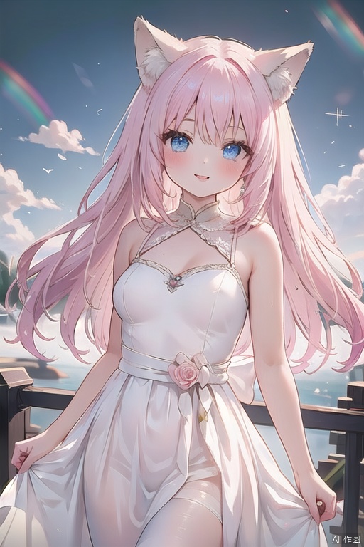 1girl, blue eyes,long hair, lips ,light pink hair, ,solo ,fox ear,sky,nappls,fox tail,fox tail,fox,rainbow,Purity Portait,smile,looking at viewer, hunv,wedding dress,