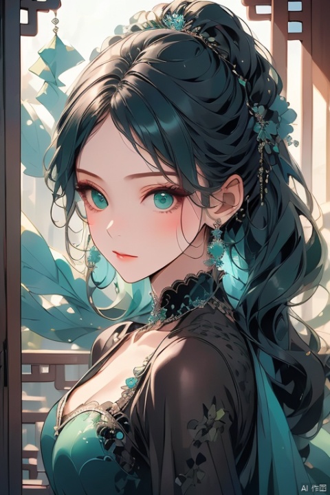 masterpiece, best quality, ice, A girl, silk, cocoon, spider web, Solo, Complex Details, Color Differences, Realistic, (Moderate Breath), Green Eyes, Earrings, Sharp Eyes, Perfect Fit, Choker, Dim Lights, cocoon, transparent, jiBeauty, Ink scattering_Chinese style, hydress-hair ornaments