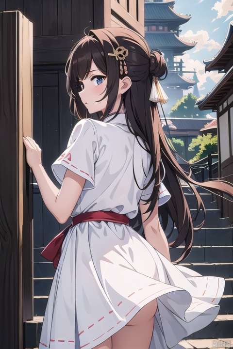 (masterpiece, top quality, best quality, official art, beautiful and aesthetic:1.2),gf-hd, 1girl, long hair, dress, architecture, solo, stairs, white dress, east asian architecture, brown hair, from behind, skirt hold, hair ornament, Anime