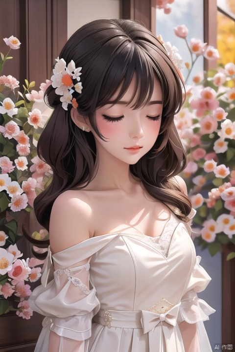 1girl, solo,black hair,closed mouth,closed eyes,flower,eyelashes, makeup, 