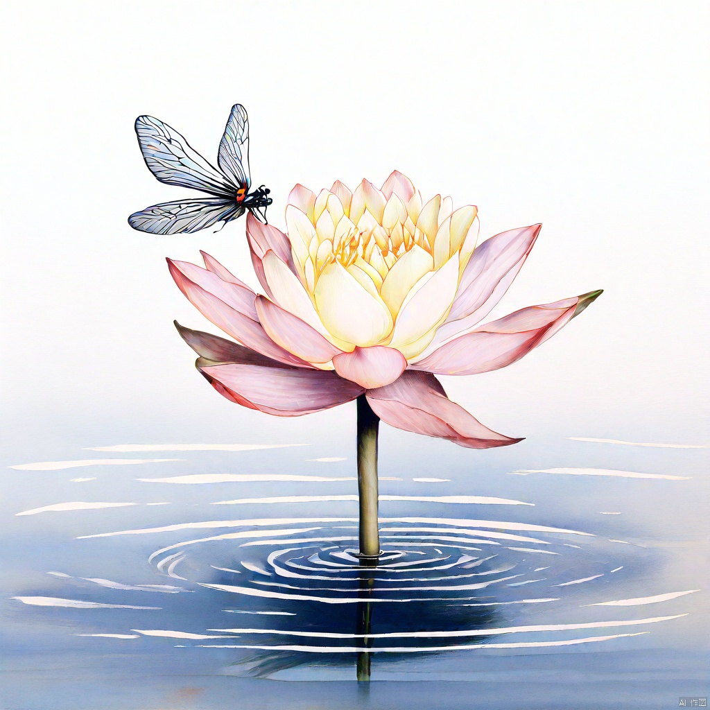 A serene lotus bloom stands upright in a shallow pool of water, its delicate petals unfolding like nature's own work of art. A dragonfly perches delicately on the lotus stem, its iridescent wings glowing softly in the subtle light that ripples through the water's surface. The surrounding air is filled with a gentle, wispy halo of moisture, as if the very essence of the water has taken flight. Minimalist brushstrokes of dark ink define the outlines of the lotus and dragonfly, allowing the viewer to fill in the negative space with their own imagination.