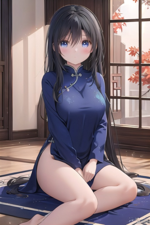 A young girl, MMN, sits cross-legged on a traditional Chinese rug, surrounded by an explosion of ink scattering in shades of klein blue. Her dark hair falls freely around her face as she gazes contemplatively into the swirling ink patterns. The soft, warm lighting accentuates her serene expression, as if lost in thought amidst the artistic chaos.