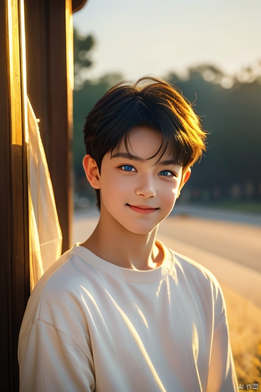 A masterpiece of a boy, captured in stunning clarity with super detail and exceptional quality. The shot frames him against a soft, blurred background, with warm golden light dancing across his face and shoulders. His bright blue eyes sparkle as he looks directly into the camera, his smile radiating confidence and charm.