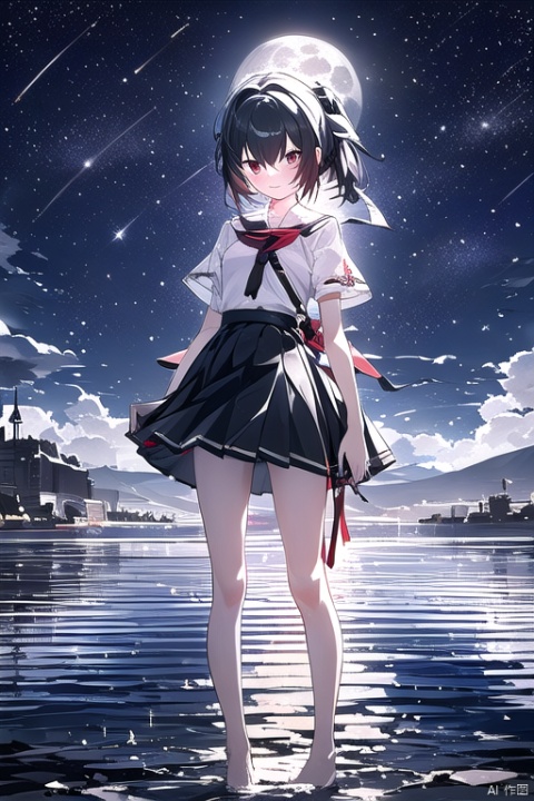 1 girl, knight, (HDR: 1.4), high contrast, low saturation, white short-sleeved shirt, black mini skirt, short hair, single ponytail, hair tied with a red ribbon, color block background, whole body, soft clothing texture, eyes looking at viewer, horizontal, lake, moonlight, bare feet, elegance, shooting star, starlight, red ribbon fluttering in the wind, sword, foreground
