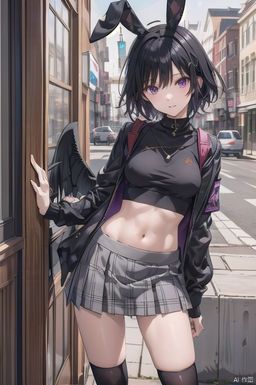  1girl, solo, looking at viewer, short hair, bangs, skirt, black hair, navel, animal ears, purple eyes, jacket, boots, open clothes, wings, socks, midriff, chibi, rabbit ears, english text, black jacket, plaid, plaid skirt