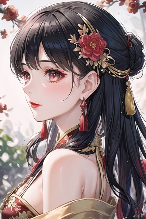 1girl, solo, long hair, black hair, hair ornament, jewelry, closed mouth, upper body, flower, earrings, blurry, from side, eyelashes, profile, makeup, red background, chinese clothes, looking down, red flower, tassel, branch, red lips, tassel earrings, guoflinke