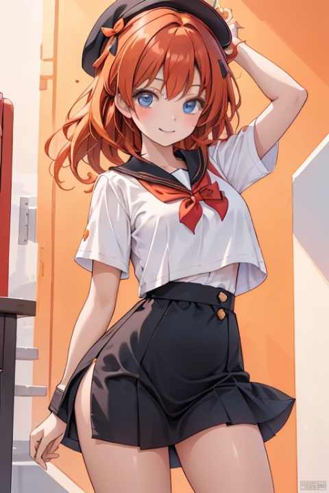 A bright orange background fills the frame as a young girl, dressed in her school uniform, beams with a warm smile. She stands confidently against the vibrant hue, her eyes shining with joy and her hair styled neatly beneath her cap.