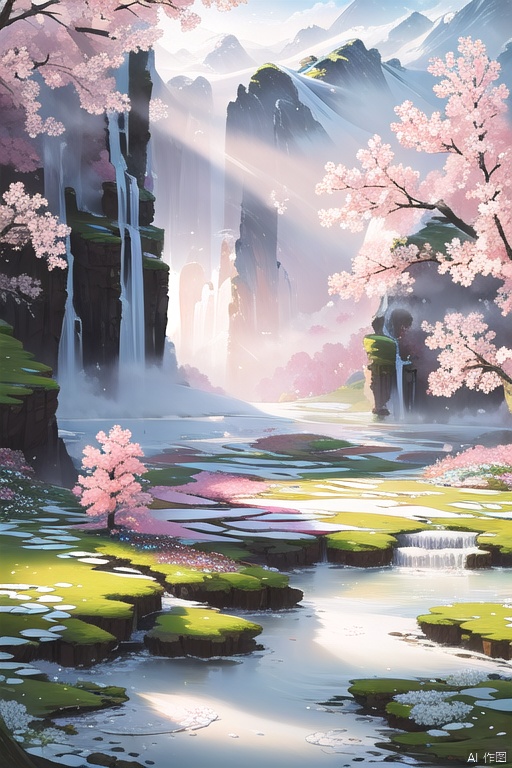 There is a white stage in the middle,masterpiece,surreal,realistic,wallpaper,Ultra HD,32K,natural scenery,white flowers,pink flowers,grass,water,lake,stones,flowers of various colors,clean background,mountains,coral of various colors,pink little bubbles,cnss