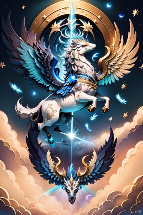 cnss,Personification, a majestic constellation of Pegasus, with its powerful wings casting rainbows in the sky, soaring through the clouds with a warrior wearing celestial armor and wielding a star forged sword. Both prepare to confront an evil wizard attempting to unravel the structure of the sky., vector illustration