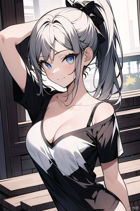 (highly detailed),best quality,1girl,(((breasts out))),((loose t-shirt)),collarbone,bare legs,little smile,white hair,high ponytail,flat chest,arms up,
