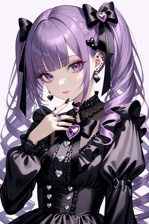 best quality, masterpiece, extremely detailed, high-quality,best quality,1girl, solo, long hair, looking at viewer, bangs, hair ornament, long sleeves, dress, bow, ribbon, twintails, jewelry, upper body, purple hair, hair bow, heart, earrings, frills, choker, puffy sleeves, black dress, eyelashes, black ribbon, black bow, makeup, drill hair, piercing, ring,brooch, gem, black nails, twin drills, eyeshadow,lolita fashion,heart hair ornament,gothic lolita,
