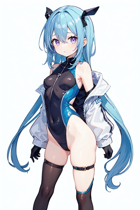 1girl, ass_visible_through_thighs, bangs, bare_shoulders, blue_hair, breasts, covered_navel, cowboy_shot, elbow_gloves, gloves, hair_between_eyes, highleg, highleg_leotard, kazanari_tsubasa, leotard, long_hair, looking_at_viewer, one_side_up, purple_eyes, simple_background, small_breasts, solo, standing, thighhighs, white_background