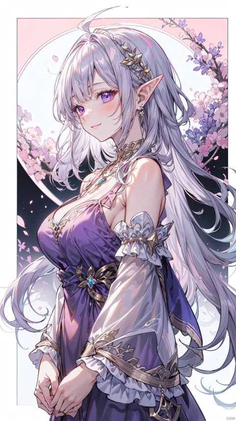  1girl, elf, princess,full body, Masterpiece, best quality, ultra-high resolution, (abstract art: 1.3), (pink theme: 1.2), art, stylization, deep shadow, bubble theme, 1girl, pink clothing silver hair, long hair, messy hair, (swept bangs), purple eyes, light blush, medium breast, [pointy ears], (purple royal dress), robe, crystal, jewelry, necklace, gothic, gilded texture, golden trim, from side, upper body, [light smile], half-closed eyes, white background, flowers, lavender, cute girl, (outside border:1.4), cute girl, cozy animation scene