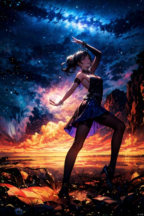  best quality, {fly, (1girl:1.1), beauty face, full body, elegant dancing}, (dramatic, gritty, intense), masterpiece, 8k, ultra detailed, intricate details, (double exposure:1.1), (wide shot), (dynamic composition:1.3),
Cosmic ballet, (1 girl dancing on Planetary ring:1.2),
A binary dance of neutron star and black hole, surrounded by a swirling galaxy,with intense relativistic jets, 
The active galactic nucleus, gleaming like pearl, amidst dark matter’s invisible tapestry,
Illuminated by a supernova’s dramatic glow, lit by nebulas,
Gravitational lensing distorting stars, light master, jewely, liuti