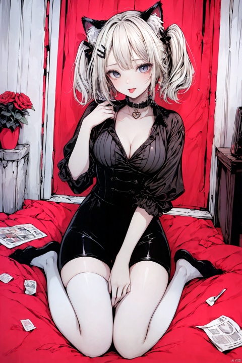 8k, masterpiece, best quality, highly detailed, 1 catgirl, solo, corset, no pants, thong panties,{(high contrast), (highsaturation), (red black white tone)}, {(woodcut:1.4), flat color, doodle}, blonde hair,blue eyes, crimson lips,alluring makeup,earrings, 
ogling at viewer, blushing, {(Flirting naughty face, heart-shaped eyes,(wink:1.5),(cat ears, tongue out:1.4)), (sexual suggestion expression, messy bangs, (blushing with desire:1.3), flirtatious glance(eyes brimming with allure:1.1))},
long hair,{twintails,(low twintail)},hair ornament, hairclip, a nevus near right eye,red black theme, punk, smooth lines, (one hand flipped back hair), ((noticeable thigh_gap:1.3), cameltoe), sexy body, {(large breasts, distinctly defined waist, outward-curving full hips:1.2),(plump thighs, slim calves)},(full body shot, head to feet, with bottom margin:1.5),attractive cleavage,{(from above),(Wariza:1.5)}, Shifengji, {black thigh-high stockings,(digging into thigh flesh)}, fishnets, newspaper, flat, anime, many Heart-shaped bubbles ＆ many ❤❤❤