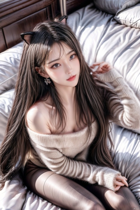  8k, masterpiece, best quality, highly detailed, 1girl, solo, cat tail, alluring makeup, earrings, ogling at viewer, (blushing:1.3), {(Flirting naughty face, (fluttered eyelashes:1.3),(aegyo-sal:1.2), (glad eye:1.4),(cat ears)), (sexual suggestion expression, messy bangs, (flushed with desire), flirtatious glance(eyes brimming with allure:1.1))}, {twintails,(low twintail)},hair ornament, hairclip, smooth lines, (one hand flipped back hair), ((thigh_gap), cameltoe), sexy body, (large breasts, slim waist, full hips),feet wearing high heels or in stockings, (full body shot, head to feet, with bottom margin:1.1),{(from above),(lying on the bed sheet:1.1)}, Shifengji, blackpantyhose(digging into thighs), ChihunHentai, Sweater）, off shoulder