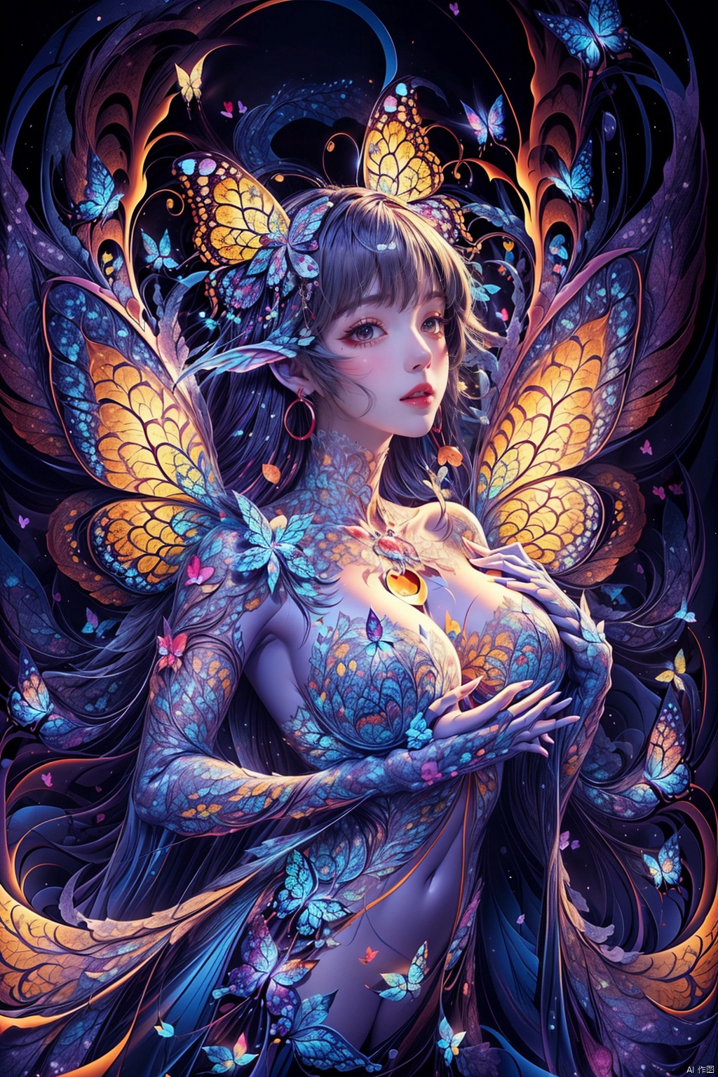  8k, masterpiece, high quality, highly detailed, (1 beautiful girl),(beautiful face), (Metamorphosis from girl to butterflies), (Girl silhouette composed of many butterflies
(Feathered butterfly body, collapse body(Upper body retains human features, Lower body dissolves into butterflies vortex):1.4), (ethereal vortex of many colorful butterflies:1.3), a  huge butterfly wings emerging, Mystical ambiance, surreal atmosphere), (fractal art:1.4), (time reversal), (chakra:1.1), (Surrealism painting(Surreal elements, Colorful palette, Dreamlike quality, Fluid shapes, Symbolic imagery:1.1)), (crimson lips, lips parted), tattoo, HUBG_Rococo_Style(loanword)