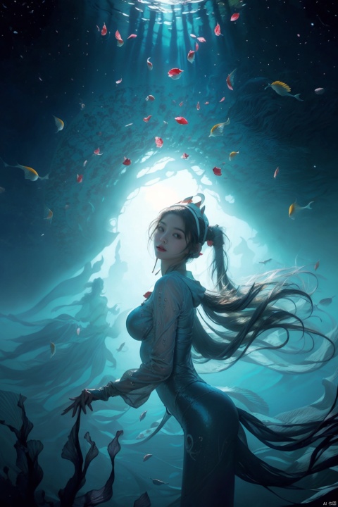 8k resolution,Masterpiece quality,High detail.,
1 girl,front,floating,beautiful face,Fantasy theme,{(inverted sky, upside-down seascape:1.3), The sky is below oceans},(from below, panoramic view:1.1),(fisheye lens effect, distorted perspective:1.2).,
{Strong backlighting from water's surface, (underexposed depths, blocked shadows:1.2), depth of field at 100mm focal length},(Inverted horizon:1.1),celestial bodies reflected in water.,
{Starry sky seamlessly transitioning into ocean depths, (Droste Effect, infinite repetition and reflection:1.2), mesmerizing effect},ethereal gradient transition,
{Starry sky transitioning into ocean depths, (Droste Effect, infinite repetition and reflection:1.2), mesmerizing effect},ethereal gradient transition.,
{fluttering rose petals in water, (casting dramatic underwater shadows and highlights:1.3), (meteor shower and planets reflected on water surface, Vermilion Comet(a surreal underwater phenomenon:1.4)},
ambiance of an infinite,upside-down world,(a vortex of rose petals and a starry sky),{alicedef, bodysuit, shrug \(clothing\), headphones, gloves, alicebunny, hoodie, hat, white leggings, floating hair ornament},coloured glaze,
cropped,{(1 girl floating upwards:1.5), looking_up,(close to viewer:2), (beautiful face, large breasts:1.1), (underwater lighting:1.2), (worm's eye shot:1), zhongfenghua, dancing diva