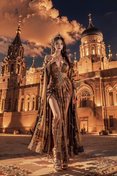  8k, best quality, masterpiece, ultra detailed, (from below:1.2), (1girl), beauty face, full body, elegant}, (dramatic, gritty, intense), intricate details, (wide shot:1.1), (dynamic composition:1.2), Ayasofya Cathedral dome murals, 
sexy body,
Luxurious robes{intricate embroidery, rich hues},
Pearls and gemstones{lustrous necklaces, shimmering hairpins},
thorn crown{jewel-encrusted tiara, gold filigree},
Scepter in hand{ornate handle, symbol of authority},
Majestic expression{poised and regal, serene confidence},
Palatial or garden backdrop{opulent architecture, flower filed},
Byzantine art style{mosaic influences, iconic imagery},
greek clothes, Saint Sophia muggle, faxa