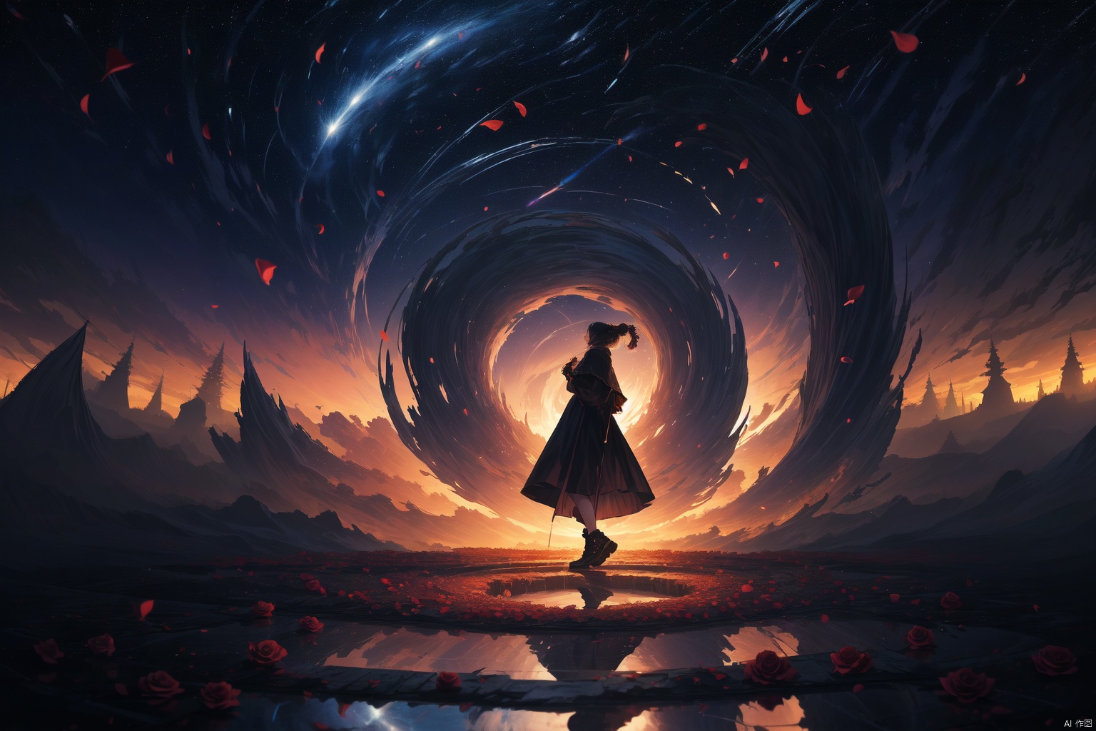  8k resolution,Masterpiece quality,High detail
Fantasy theme,(1 girl in foreground:1.3),
(Strong backlighting, underexposure:1.2), {depth of field(100mm focal length:1.2), (Fisheye lens:1), ((full body, a very low angle shot:1.4), panoramic)},
capturing a scene of the world feathering behind her,
{Droste Effect, Visual representation of endless repetition and reflection,
(Illusion of continuous visual recursion:1.2)},
fluttering rose petals surrounding, 
Skillful play of light and shadows,
Ethereal, mesmerizing effect,dreamlike ambiance with a sense of infinity. vortex of many rose petals, vortex of starry sky, vortex