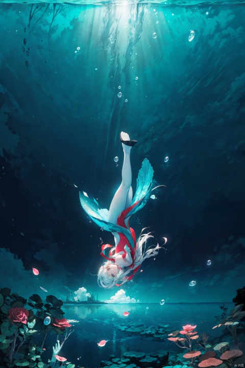  8k resolution,Masterpiece quality,High detail.,
1 girl,Fantasy theme,{(inverted sky, upside-down seascape:1.3), reversed world, sea as sky},(from below, panoramic view:1.1),(fisheye lens effect, distorted perspective:1.2).,
{Strong backlighting from water's surface, (underexposed depths, blocked shadows:1.2), depth of field at 100mm focal length},(Inverted horizon:1.1),celestial bodies reflected in water.,
{Starry sky seamlessly transitioning into ocean depths, (Droste Effect, infinite repetition and reflection:1.2), mesmerizing effect},ethereal gradient transition.,
{Starry sky transitioning into ocean depths, (Droste Effect, infinite repetition and reflection:1.2), mesmerizing effect},ethereal gradient transition.,
{fluttering rose petals in water, (casting dramatic underwater shadows and highlights:1.3), (meteor shower and planets reflected on water surface, Vermilion Comet(a surreal underwater phenomenon:1.4)}.,
ambiance of an infinite,upside-down world,(a vortex of rose petals and a starry sky),{alicedef, bodysuit, shrug \(clothing\), headphones, gloves, alicebunny, hoodie, hat, white leggings, floating hair ornament},
cropped,{(1 girl floating:2),(close to viewer:2), solo, (full body), (beautiful face, large breasts:1.1), (underwater lighting:1.2), (worm's eye shot:1), coloured glaze, alicedef, midjourney