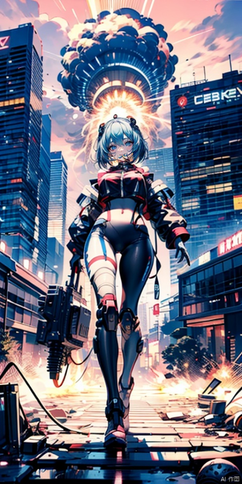 8k, best quality, masterpiece, ultra detailed, (from below), (1girl), beauty face, full body}, (dramatic, gritty, intense), intricate details, (dynamic composition:1.2), sexy body,
Dynamic Fuzzy,
motorbike,CyberMecha,High detailed, cyberpunk, future, futuristic, robots, pink sky, blue light
explosion behind girl, huge mushroom cloud above,flame,  cinematic style
