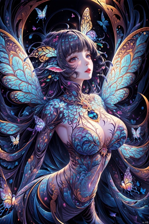  8k, masterpiece, high quality, highly detailed, (1 beautiful girl:1.5),(beautiful face), ink sketch, (Metamorphosis from girl to butterflies), (Subtle female silhouette(Feathered butterfly body, collapse body(Upper body retains human features, Lower body dissolves into butterflies vortex):1.3), (ethereal vortex of many colorful butterflies:1.4), Delicate butterfly wings emerging, Mystical ambiance, surreal atmosphere), (fractal art:1.4), (time reversal), (chakra:1.1), (Surrealism painting(Surreal elements, Colorful palette, Dreamlike quality, Fluid shapes, Symbolic imagery:1.1)), (crimson lips, lips parted), tattoo, HUBG_Rococo_Style(loanword)