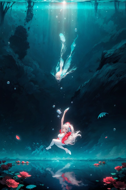  8k resolution,Masterpiece quality,High detail.,
1 girl,Fantasy theme,{(inverted sky, upside-down seascape:1.3), reversed world, sea as sky},(from below, panoramic view:1.1),(fisheye lens effect, distorted perspective:1.2).,
{Strong backlighting from water's surface, (underexposed depths, blocked shadows:1.2), depth of field at 100mm focal length},(Inverted horizon:1.1),celestial bodies reflected in water.,
{Starry sky seamlessly transitioning into ocean depths, (Droste Effect, infinite repetition and reflection:1.2), mesmerizing effect},ethereal gradient transition.,
{Starry sky transitioning into ocean depths, (Droste Effect, infinite repetition and reflection:1.2), mesmerizing effect},ethereal gradient transition.,
{fluttering rose petals in water,  (casting dramatic underwater shadows and highlights:1.3), (meteor shower and planets reflected on water surface, Vermilion Comet(a surreal underwater phenomenon:1.4)}.,
ambiance of an infinite,upside-down world,(a vortex of rose petals and a starry sky),{alicedef, bodysuit, shrug \(clothing\), headphones, gloves, alicebunny, hoodie, hat, white leggings, floating hair ornament},
cropped,{(1 girl floating:2),(close to viewer:2), solo, (full body), (beautiful face, large breasts:1.1), (underwater lighting:1.2), (worm's eye shot:1), coloured glaze